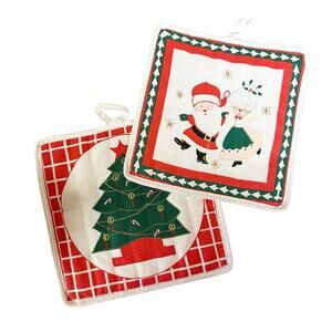 Vintage Retro Christmas Santa & Mrs. Claus Tree Cotton Square Pot Holders